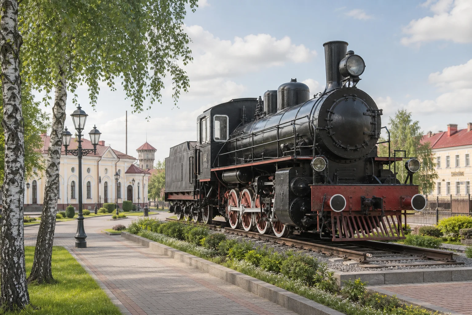 Барановичи, паровоз-памятник в честь основания железнодорожных станций