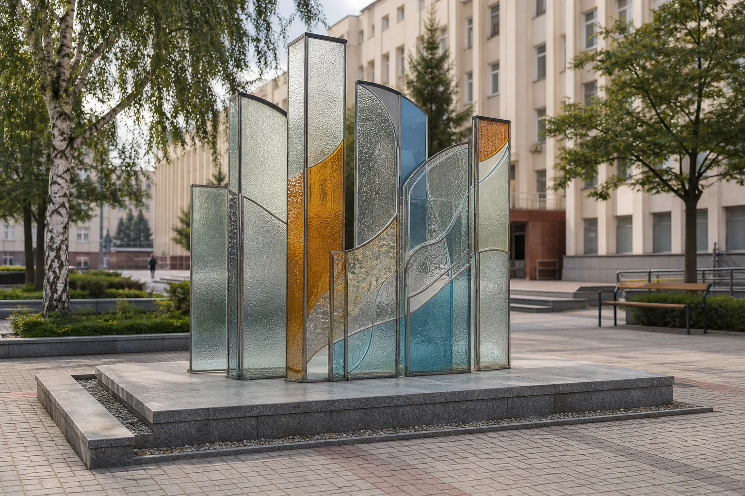 Композиции из фактурного стекла в административном корпусе "Горизонт"