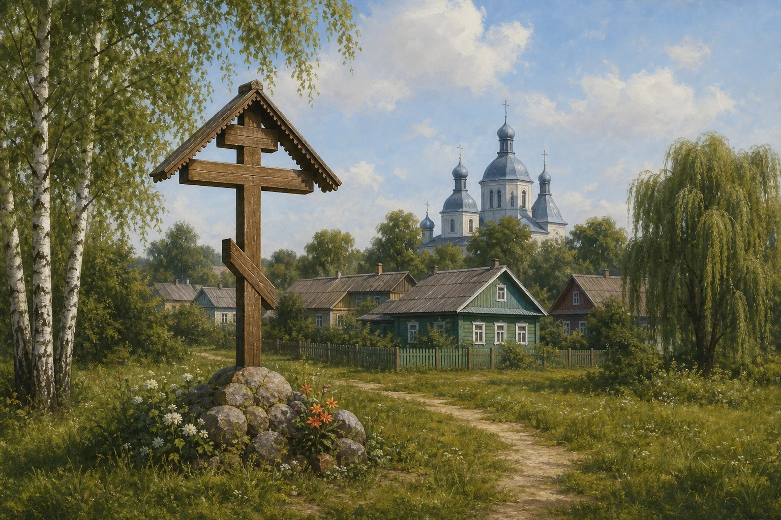 Памятный крест на месте Воскресного храма в Давид-Городке