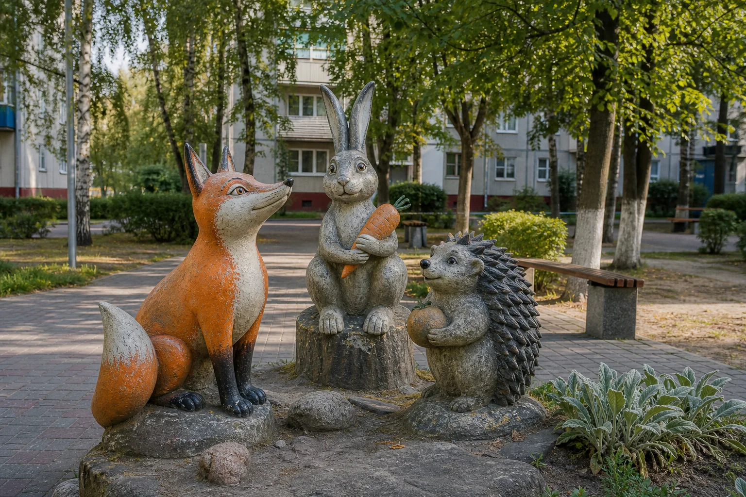 Сказочные скульптуры животных в Тучинском сквере